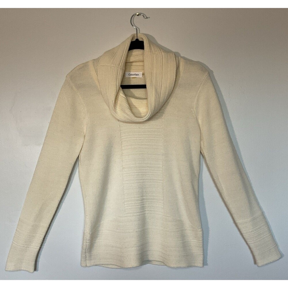 Calvin Klein Cowl Neck Sweater White Soft Knit Cotton Blend Size S